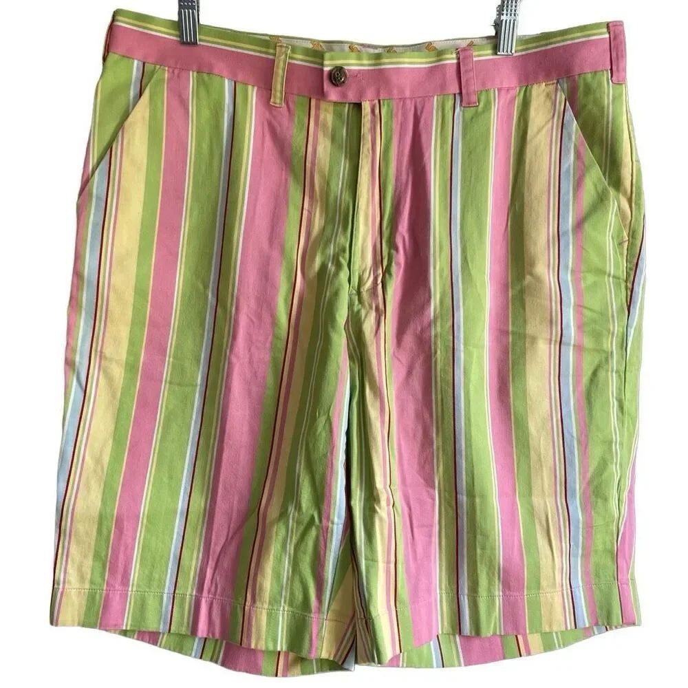 Loudmouth Mens Bermuda Golf Short 38 Pastel Striped Flat-Front Cotton 11” Inseam